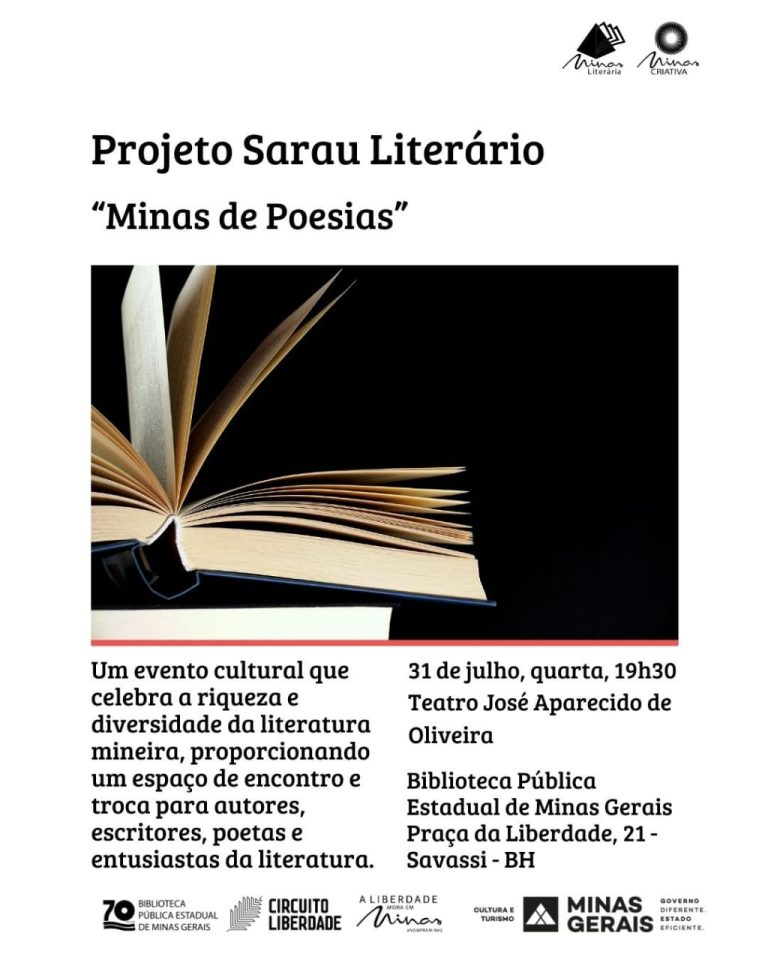 Sarau Literário - Minas de Poesias. 31 de julho, a partir das 19h30 no Teatro José Aparecido de Oliveira